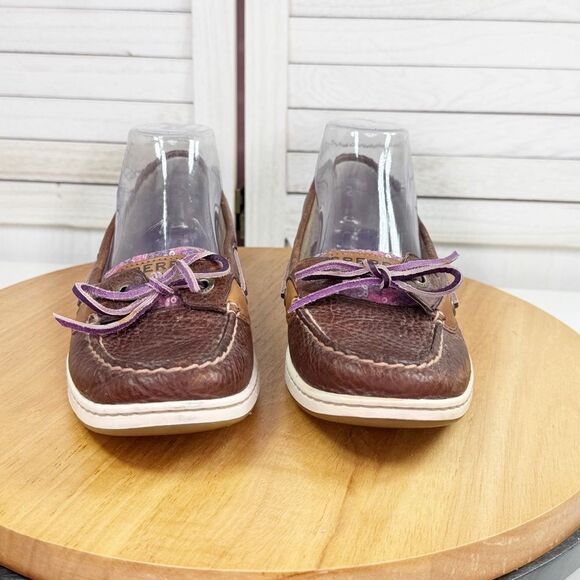 Sperry Angelfish Varsity Leather Floral Sequin Boat Shoe Purple Brown 9.5 - Picture 2 of 11